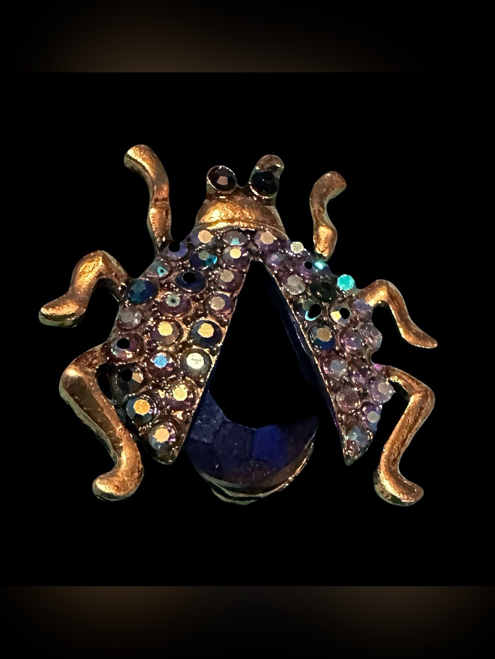 Gold-Tone Blue & Iridescent Crystal Beetle Brooch
